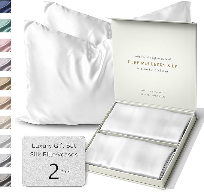 SUNDAYSILKS™ Silk Pillow Cases 2 PACK | 22 Momme Mulberry Silk Pillowcase Set of 2 | Standard Queen, King Size | All Sides 100% Pure Silk Slip Pillowcase Bliss for Women, Men, with Zipper [Pure White]