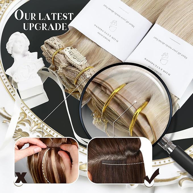 Moresoo Seamless Clip in Hair Extensions Real Human Hair Black Straight Can Be Curled Hair Extensions Clip ins Short 14inch Pure Skin Invisible Natural Black for Daily Use 120g/7pcsv
