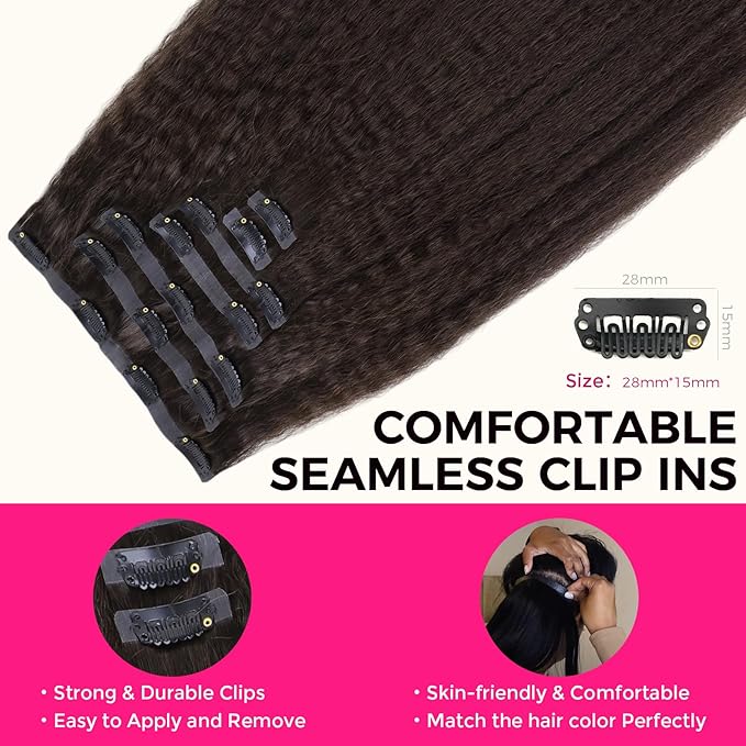 Lashey Seamless Clip in Hair Extensions Human Hair #2 Dark Brown Kinky Straight Clip in Hair Extensions Real Human Hair 7pcs 110g 24 Inch PU Weft Clip ins for Women