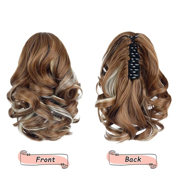 Ponytail Extension, Clip on Ponytails for Women, 9" Claw Clip in Short Curly Wavy Pony Hair Extension for Women - Medium Brown with Blonde Highlights
