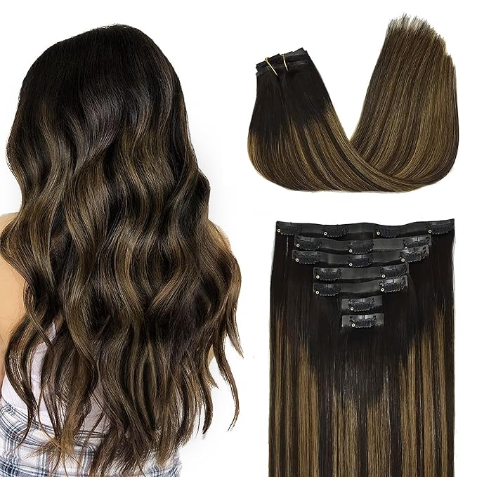 GOO GOO Clip in Hair Extensions Real Human Hair, Remy Human Hair Extensions Clip ins for Women, Natural Human Hair, 24inch 160g 7Pcs, 1B/6/1B Balayage Natural Black to Chestnut Brown
