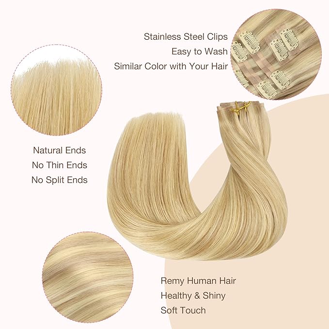 GOO GOO Clip in Hair Extensions Real Human Hair, Remy Human Hair Extensions Clip ins for Women, Natural Human Hair, 16inch 110g 7Pcs, 18D/22F Dirty Blonde Highlights