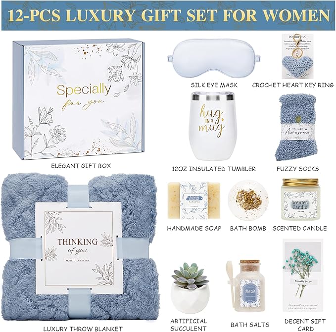 Get Well Gifts for Women Self Care Gifts Basket - Relaxing Spa Care Package After Surgery Thinking of You Birthday Gift - Feel Better Sympathy Gift Set for Her Mom Sister Friend Wife (Blue)
