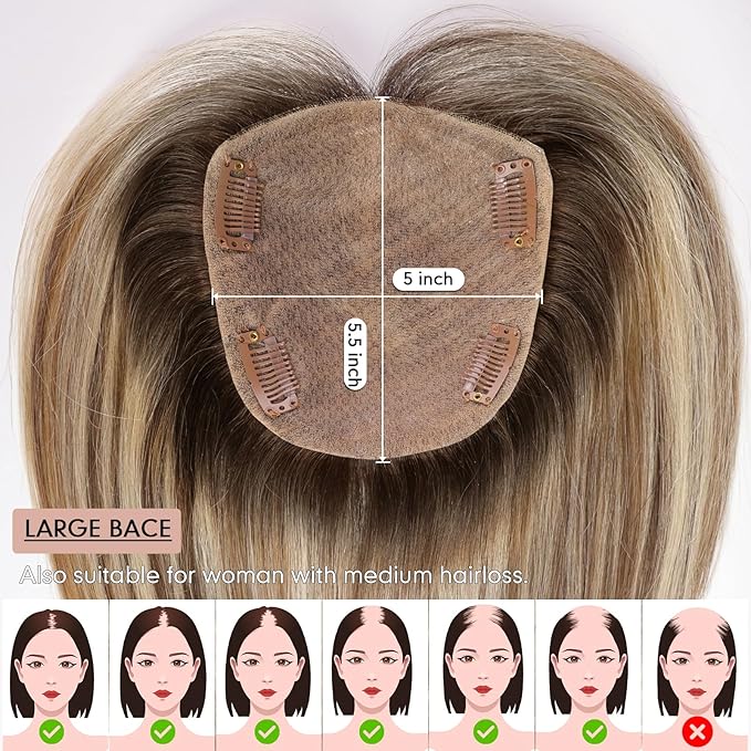 starluck Hair Toppers for Women Real Human Hair, 5"*5.5"Large Coverage Brown with Blond Highlight HairTopper No Bangs,100% Real Human Hair Toppers for Women with Thinning Hair,Cover Gray HairRoots