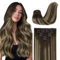 GOO GOO Clip in Hair Extensions Real Human Hair, Remy Human Hair Extensions Clip ins for Women, Natural Human Hair, 14inch 120g 7Pcs, 4/26/4 Balayage Chocolate Brown to Honey Blonde