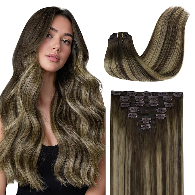 GOO GOO Clip in Hair Extensions Real Human Hair, Remy Human Hair Extensions Clip ins for Women, Natural Human Hair, 24inch 120g 7Pcs, 4/26/4 Balayage Chocolate Brown to Honey Blonde