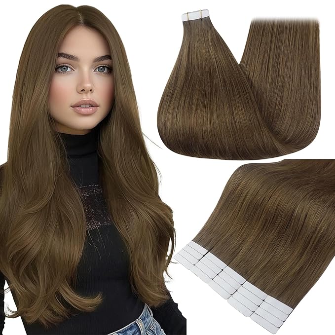 Full Shine Tape Ins Human Hair Extensions 14 Inch Straight Invisible Remy Hair Extensions Tape in Color 3 Brown Natural Seamless Skin Weft Extensions for Women Real Hair 50G 20PCS for Party