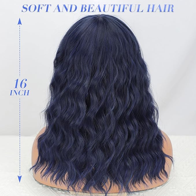 Nnzes Wig with Bangs for Women Short Bob Wavy Charming Synthetic Dark Blue Wigs with Natural Shoulder Length Curly Heat Resistant Hair for Daily Party Use