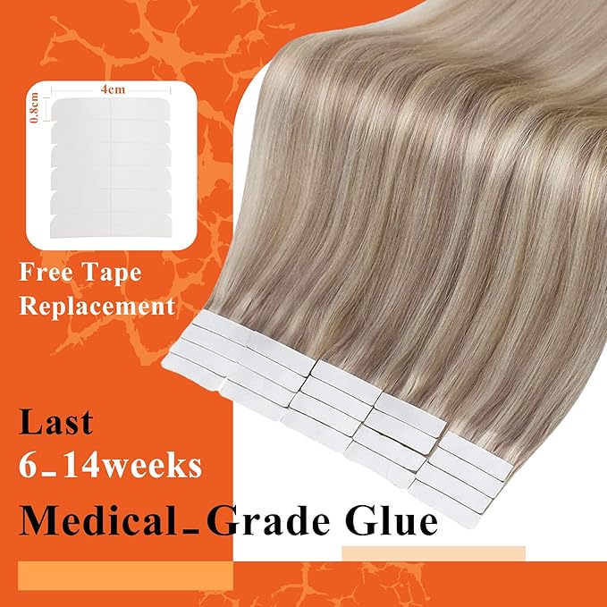 Full Shine Straight Human Hair Extensions Tape in 18Inch Seamless Hair Extensions Real Human Hair Highlighted Hair Extensions Ash Blonde with Platinum 20Pcs 50Grams Add Volume Remy Hair Extensions
