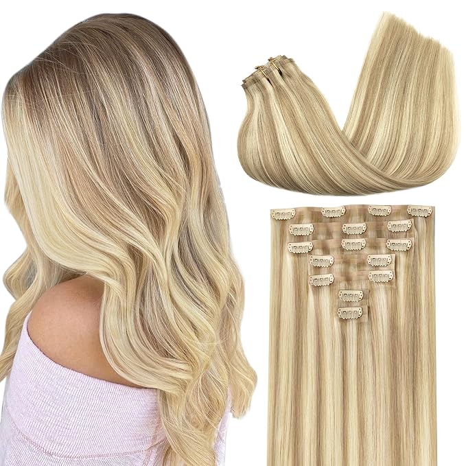 GOO GOO Clip in Hair Extensions Real Human Hair, Remy Human Hair Extensions Clip ins for Women, Natural Human Hair, 24inch 120g 7Pcs, 18A/613A Dark Blonde Highlighted Bleach Blonde