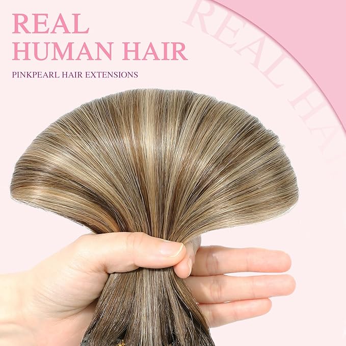 PINKPEARL Clip in Hair Extensions Human Hair, Remy Human Hair Clip ins for Women #4/27/4 Chocolate Brown to Caramel Blonde Balayage Clip Hair Extensions 7pcs 120g 14inch(#4/27/4-14)