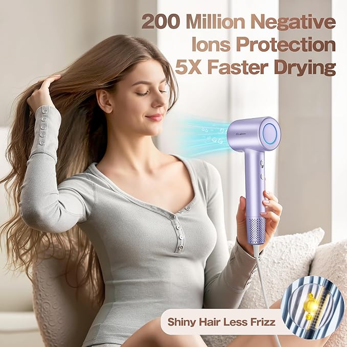 Hair Dryer, High-Speed Ionic Low Noise Blow Dryer with Brushless Motor for Fast Drying, Thermo-Control Quiet Compact Hair Blow Dryer, Hairdryer with 1 Nozzle Attachments for Home Salon Travel