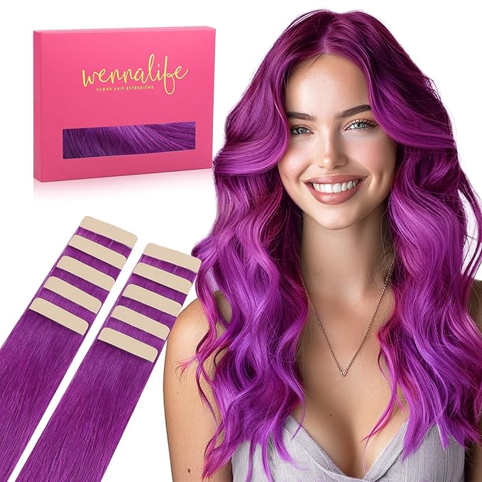 WENNALIFE Tape in Hair Extensions Human Hair Purple Tape in Extensions, 10pcs 20g 12 inch Remy Invisible Tape Ins Straight Colored Soft Real Human Hair Tape in Extensions Refill Set Extensions
