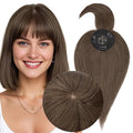 MY-LADY Human Hair Toppers for Women Real Human Hair with Bangs Thin 8.5 * 8.5CM Mono Base Clip in Remy Hairpieces Light Weight 10 Inch Dark Brown