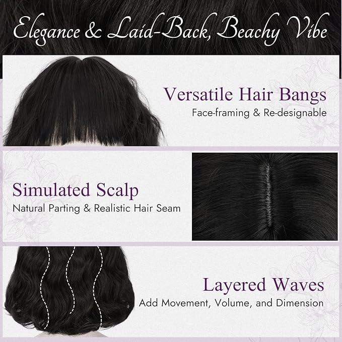 BARSDAR Dark Brown Short Wavy Wig with Bangs - Short Curly Dark Brown Wigs for Women - Wavy Textured French Bob Wig with Bangs Soft Synthetic Natural Looking Face-Framing Daily
