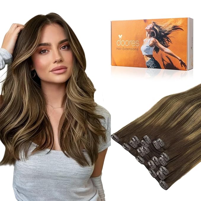 DOORES Hair Extensions Real Human Hair, Balayage Chocolate Brown to Caramel Blonde 18 Inch 135g 7pcs, Thick Extensions Clip ins Remy Natural Weft for Women