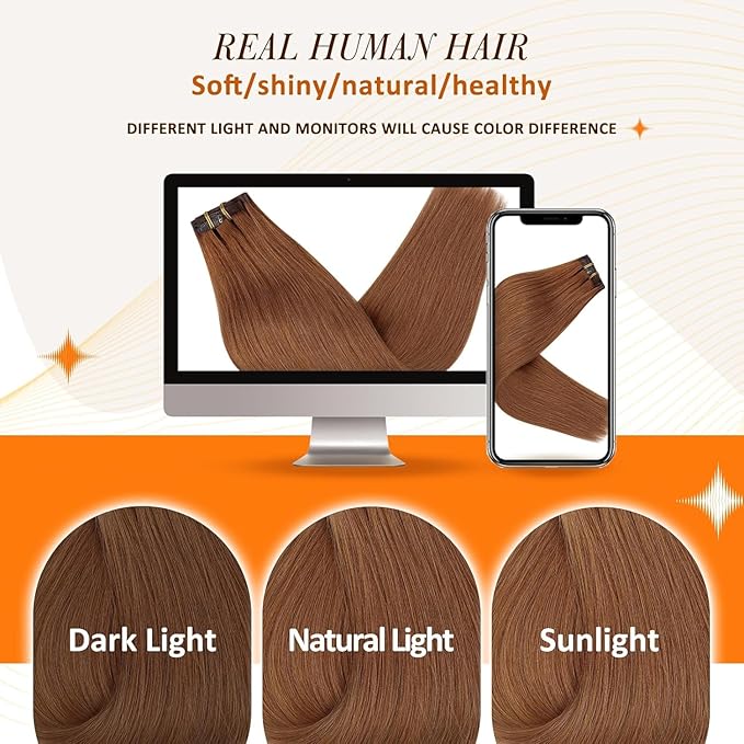 Full Shine Clip in Hair Extensions Copper Brown Human Hair 18 Inch Clip in Real Hair PU Weft Copper Red Human Hair Clip ins Extensions Auburn Brown Natural Ends 120 Grams 8 PCS