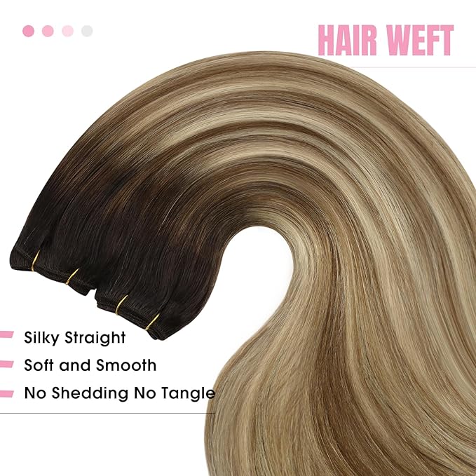 YoungSee 130g Sew in Hair Extensions Real Human Hair Dark Brown Ombre Medium Brown with Blonde Balayage Weft Hair Extensions Ombre Sew in Bundles Human Hair for Women 24Inch
