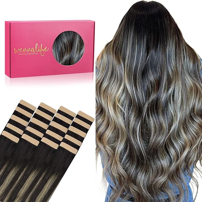 WENNALIFE Tape in Hair Extensions Human Hair, 20pcs 50g 24 inch Natural Black to Light Blonde Remy Hair Extensions Straight Human Hair Tape in Extensions Skin Weft Tape Extensions Human Hair