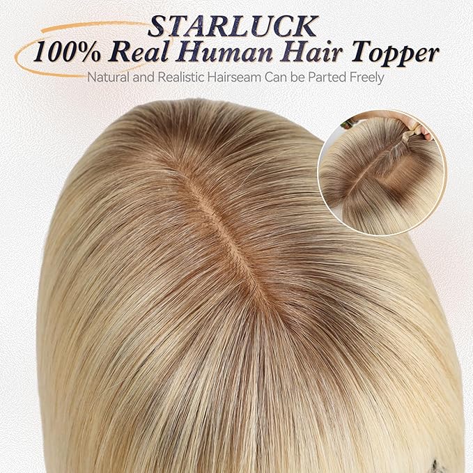 starluck Human Hair Toppers for Women Real Human Hair With Bangs 4 * 5.5 inch Base 12 inch SilkHug Topper for Women with Thinning Hair Cover Grey Roots(Ombre Light Blonde)