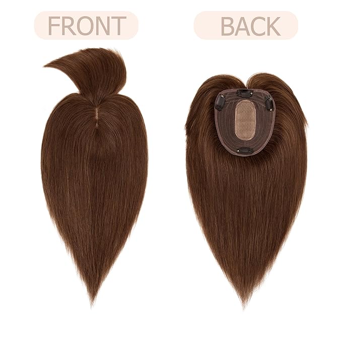 Hair Toppers for Women Real Human Hair With Bangs, 13 * 15 cm Larger Silk Base 150% Density Clip In Topper Hairpieces, Wiglet Top Pieces Add Volume -10 Inch 04 Medium Brown