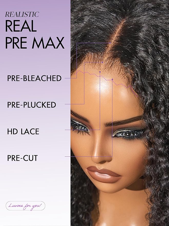 LUVME HAIR 5X5 Kinky Curly 200% Human Hair Wigs Glueless Lace Front 16 Inches Pre Cut Plucked Hd Lace Wig Ready To Go Natural Color Flexi-Fit Drawstring Cap Bleached Knots Black Wigs