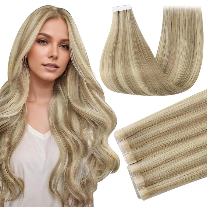 Full Shine Injected Tape in Human Hair Extensions Color 16 Highlight 22 Blonde 20Inch Intact Tape Extensions Human Hair 50G 20Pcs for Daily Office Look Long Lasting Adhesive Seamless Skin Weft