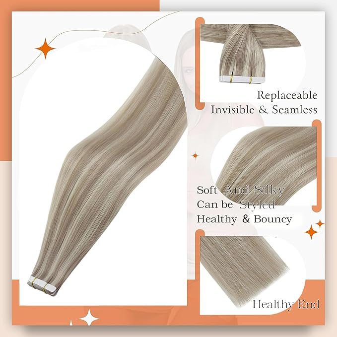 Full Shine Blonde Tape in Human Hair Extensions Color 18 Ash Blonde Highlighted 613 Blonde Tape in Hair Extensions 22Inch Remy Extension Invisible Bridal Hairstyles 100G 40Pcs