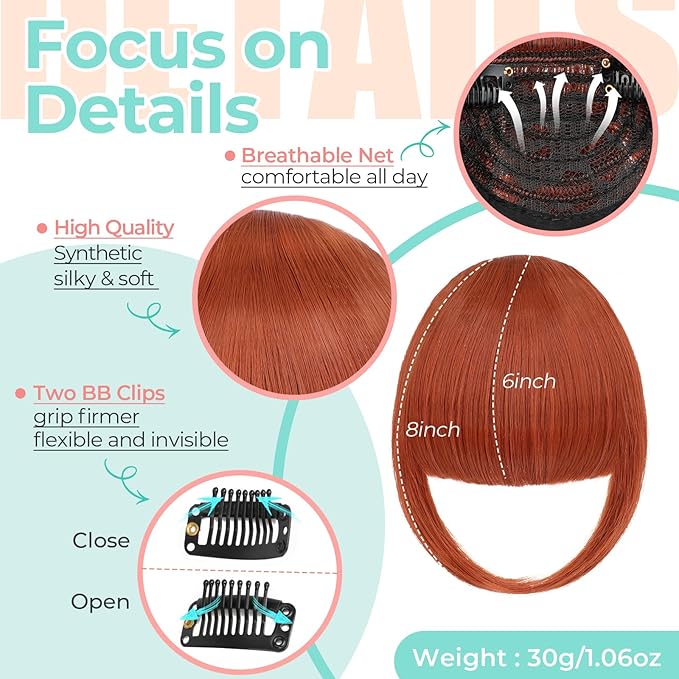Clip in Bangs, Synthetic French Bangs Hair Clip, Fake Bangs Fringe with Temples Hairpieces for Women Natural Curved Hair Extensions for Daily Wear Copper Red