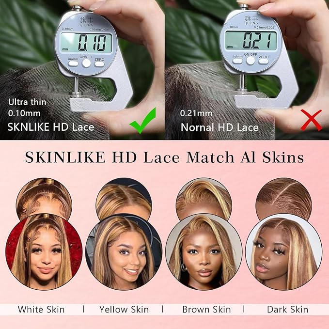 Honey Blonde Body Wave Lace Front Wig Human Hair 13x4 Full Frontal Lace Wig Skinlike HD Lace 0.10mm Ultra-Thin Invisible 4/27 Highlight Ombre Blonde 200% Density Pre plucked Bleached Knots 32 inch