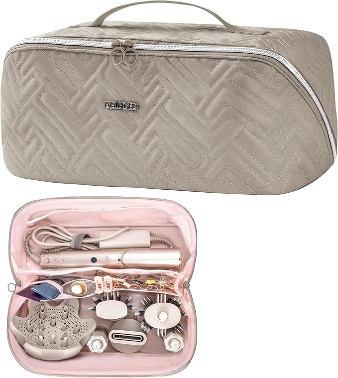 Leudes Hair Tools Travel Bag For Dy son Airwrap Hair Dryer Shark Flex Style Carrying Case Travel Makeup Bag Portable Pouch Open Flat Packing Organizers with Divider and Handle (Camel)