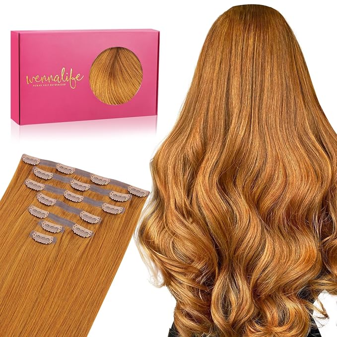 WENNALIFE Seamless Clip In Hair Extensions Human Hair, 22 Inch 150g 7pcs Auburn Ginger Real Hair Extensions Clip in Human Hair Invisible PU Skin Weft Natural Remy Human Hair Extensions