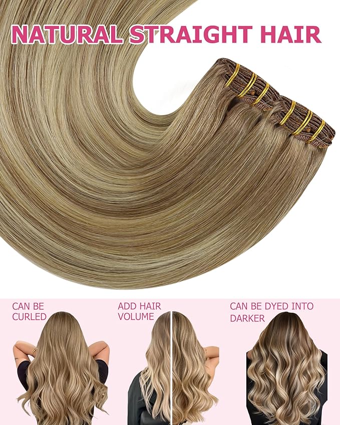 YoungSee Clip in Hair Extensions Real Human Hair Light Brown Balayage Clip in Extensions Light Brown Ombre Blonde Highlights Dyable Hair Extension Clip ins for Women 20Inch 7Pcs 120G