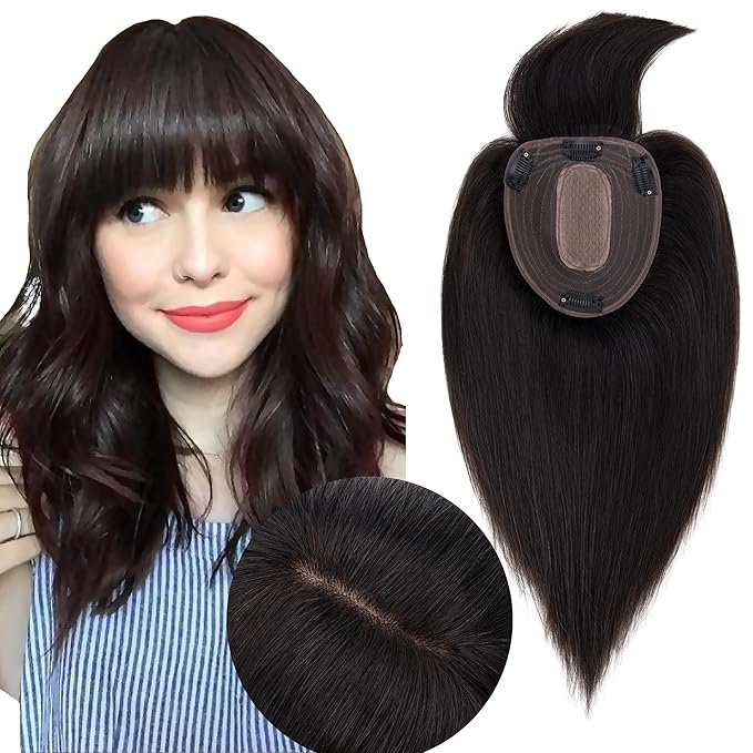 Hair Toppers for Women Real Human Hair With Bangs, 13 * 15 cm Larger Silk Base 150% Density Clip In Topper Hairpieces, Wiglet Top Pieces Add Volume -10 Inch 01B Natural Black