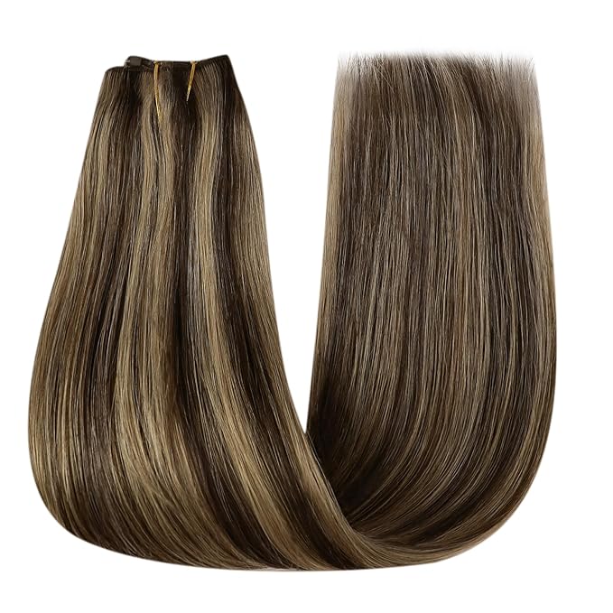 YoungSee Highlight Wire Hair Extensions Real Human Hair Invisible Wire Hair Extensions Dark Brown Highlights Caramel Blonde Fish Line Hair Extension Human Can Be Dyable 14inch 80g