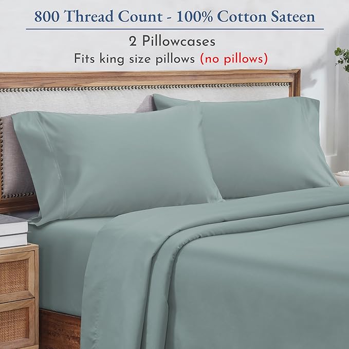 California Design Den Heirloom Soft, Smooth & Thick Certified 800 Thread Count 100% Cotton Sateen, 2 Pillow Cases King Size, Fits King Pillows (Soft Teal)