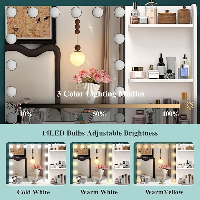 Vanity Desk with Mirror and Lights, 37 inch Vanity Set with Storage Chair & Power Outlet, White Makeup Vanity with 3 Drawers & Large Cabinet, 3 Colors Lighting Adjustable Brightness, Hair Dryer Rack