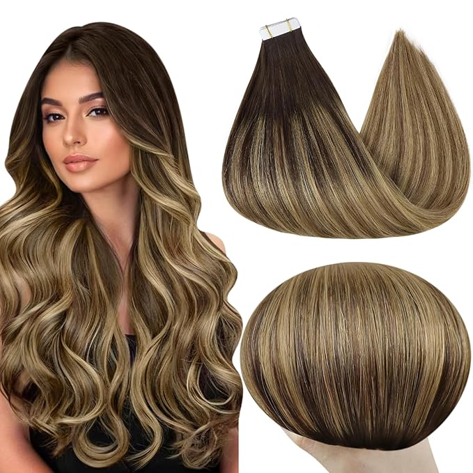 Full Shine Invisible Tape in Hair Extensions 20Inch Color 2/8/27 Brown Roots to Blonde and Brown 20Pcs 50G Balayage Remy Tape Extensions Seamless Skin Weft Real Human Hair Straight for Bridal