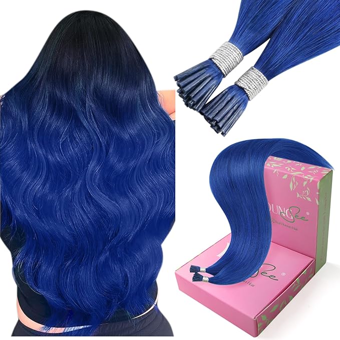 YoungSee I Tip Hair Extensions Blue I Tip Hair Extensions Human Hair Blue 20 Inch Itips Extension Real Human Hair Colored for Party Highlights 20 Inch I-Tip Remy Human-Hair
