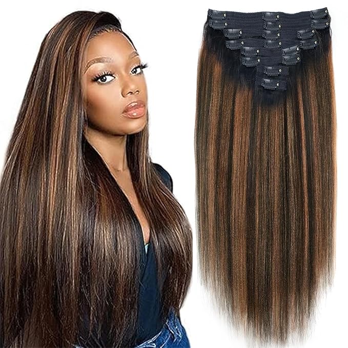 Yaki Straight Clip ins Real Human Hair Extensions For Women Highlight Hair Extensions Yaki Straight Clip in Hair Extensions(22inch,T1BP1B/30)