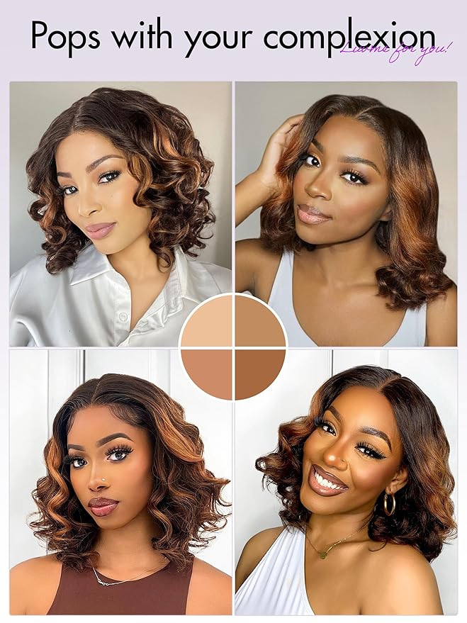 LUVME HAIR 10? Brown Ombre Bob Wig Human Hair Pre Cut Glueless HD Lace Closure Wig Pre Plucked, Light Brown Multicolored Short Loose Wave Wigs For Women