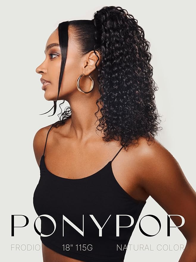 Frodio Clip in Ponytail Extension Human Hair for women 26 Inches Long Water Wave Curly Extension Ponytail Natural Color
