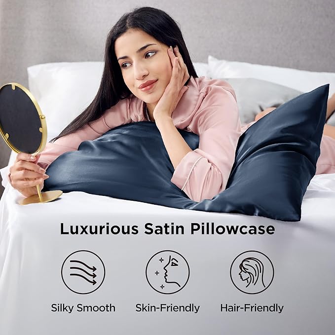 Bedsure Satin Pillowcase 2 Pack Similar to Silk Pillow Cases Standard Size, Pillow Case for Sleeping Women with Envelope Closure, Gifts for Women Men, Blue, 20x26 Inches