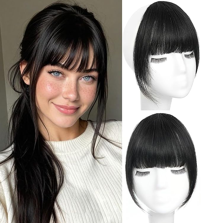 Clip in Bangs Jet Black Color 100% Real Human Hair Wispy Clip on Bangs Extensions Fringe with Temples Hairpieces for Women