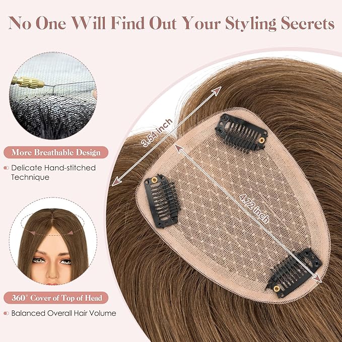 Hairro Human Hair Toppers Free Parted, 3.5x4.7" Base Hand-wovened 100% Real Hairpieces, with Invisible Clips-in for Women, for High Hairline/Adding Volume on Top, 12 Inch Mocha Brown