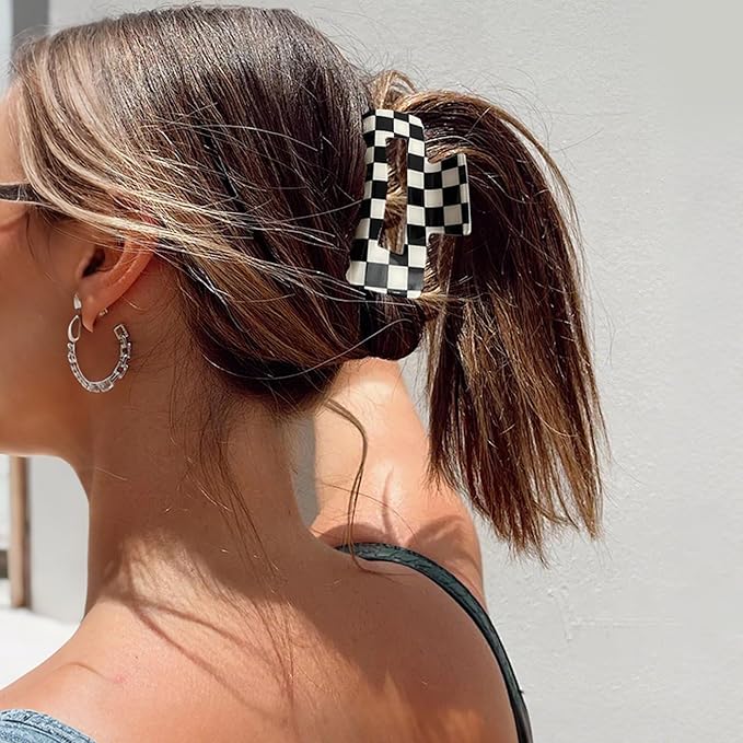 3 PCS Checkered Hair Claw Clips for Thick and Thin Hair Large Hair Clips Square Y2K Hair Checker Barrettes Black And White Checkered Jaw Clip Non Slip Checkerboard Clamps Hair Accessories for Women