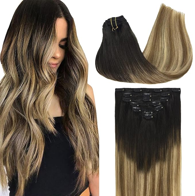 GOO GOO Clip in Hair Extensions Real Human Hair, Remy Human Hair Extensions Clip ins for Women, Natural Human Hair, 14inch 120g 7Pcs, 2/6/18 Balayage Brown to Dirty Blonde