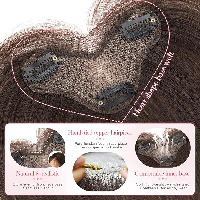 Hairro Human Hair Toppers For Women Wispy Thin Short Wiglet Hairpieces Natural No Bang Middle Part Side Bangs Hair Clip 11 Inches 14.5g #02 Dark Brown