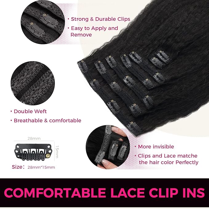 Lashey Clip in Hair Extensions Human Hair, Kinky Straight Remy Human Hair 24 Inch 120g 7pcs Natural Black #1B, Long Thick Clip in Hair Extensions for Black Women