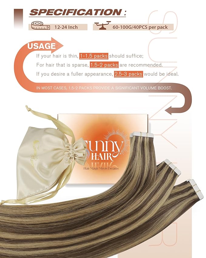 Sunny Hair Tape in Hair Extensions Human Hair 20 Inch Hair Extensions Real Human Hair Tape in Extensions for Women Medium Brown Highlights Caramel Blonde Remy Hair Straight Skin Weft 40pcs 100g